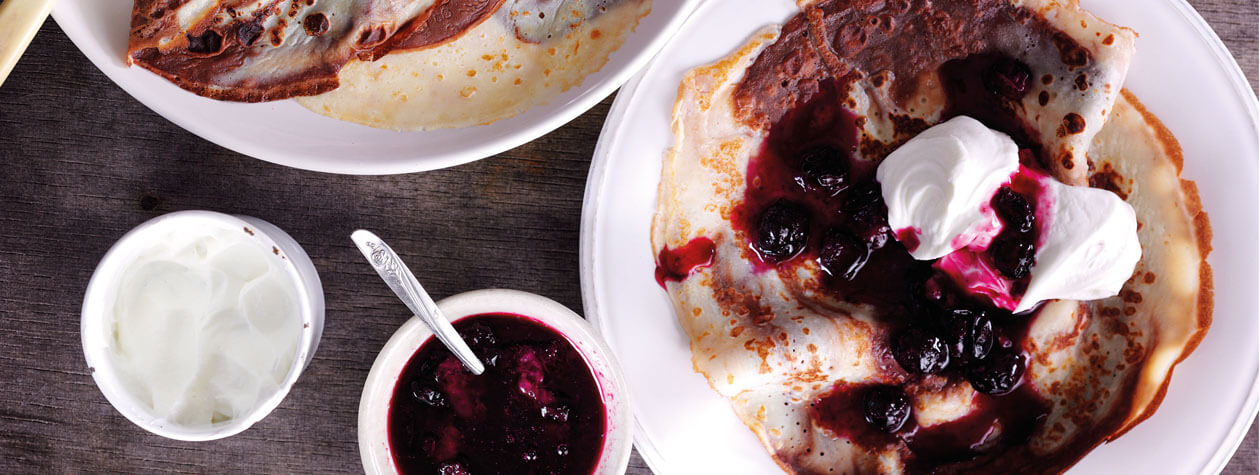 Chocolate Swirl Crepes with Blueberry Compote