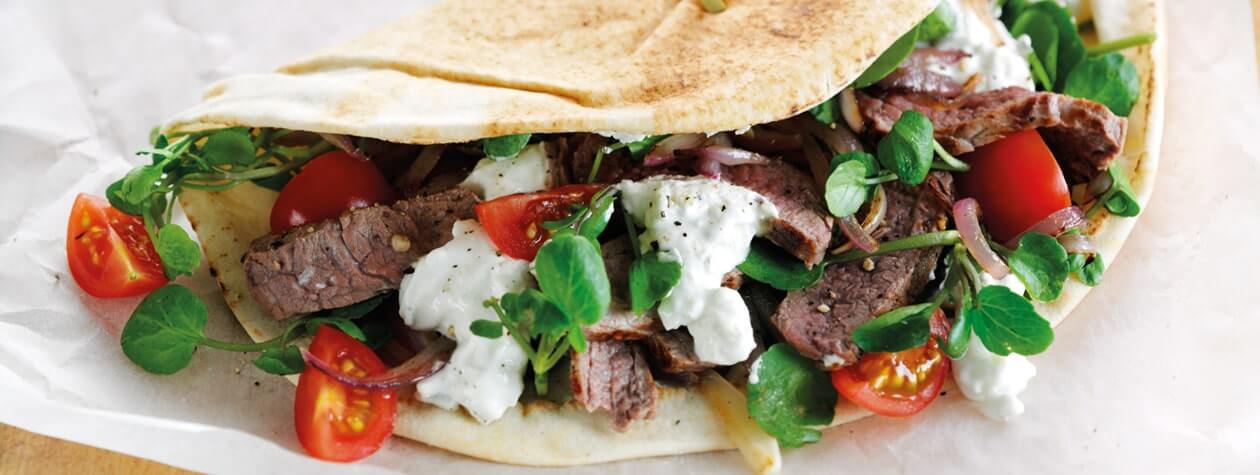 Hot Steak Schwarma with Blue Cheese Dressing, Watercress & Onions