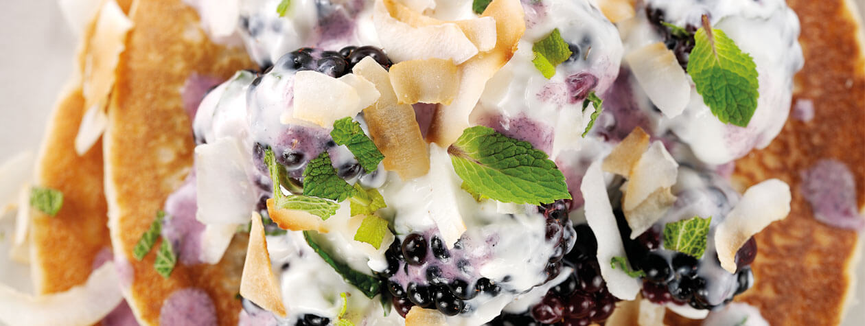 Blackberry, Lime & Yoghurt Pancakes with Toasted Coconut