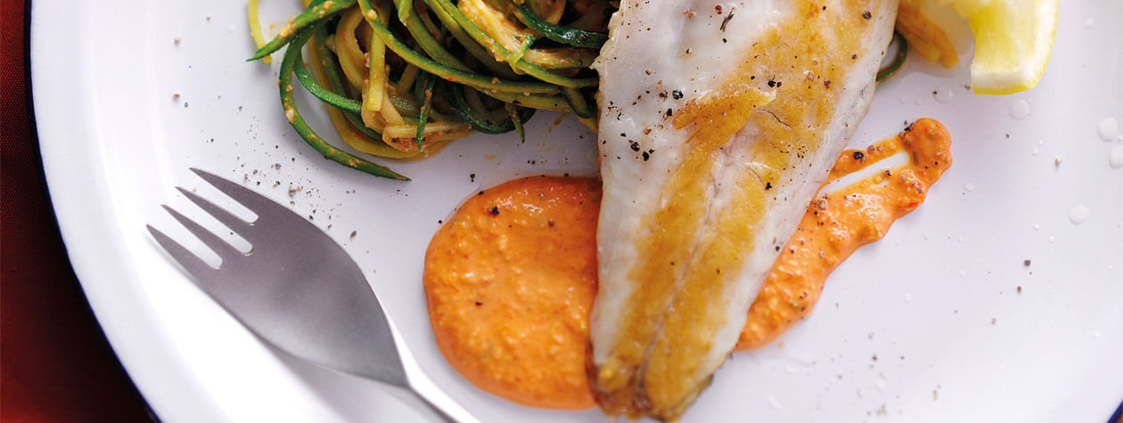 Courgette Spaghetti with Grilled Sea bass, Almond & Red Pepper Pesto