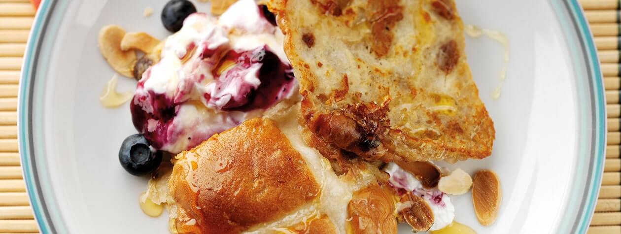 Eggy Hot Cross Buns with Blueberry Yoghurt, Honey & Toasted Almonds