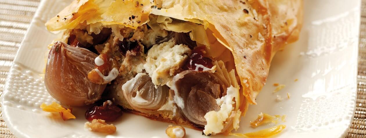 Goats Cheese, Cranberry & Walnut Strudel with Clementine Braised Red Cabbage