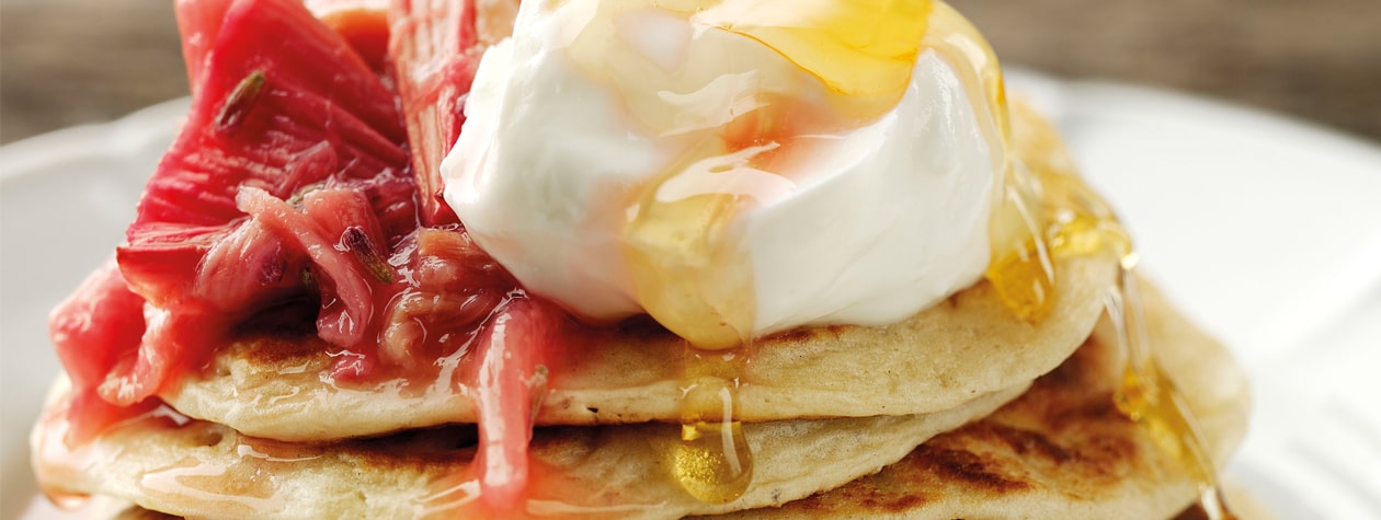 Yoghurt and Buttermilk Pancake Stack with Roasted Rhubarb 