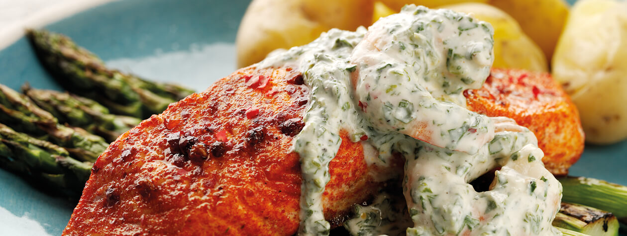 Pan Roasted Trout with Creamy Prawn & Watercress Sauce