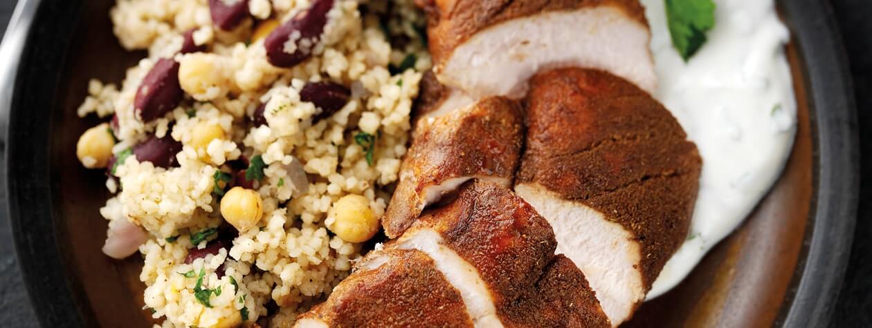 Warm Moroccan-style Chicken with Mixed Bean Cous Cous & a Herby Yoghurt Dressing